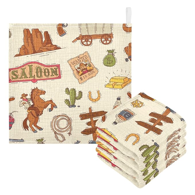Cowboy Sheriff Baby Burp Cloths for Boys Girls, 3 Pack Wild West Western Baby Muslin Washcloths Newborn Face Bath Towel Soft Absorbent Cotton Wash Cloth Baby Registry, 12 x 12 Inch