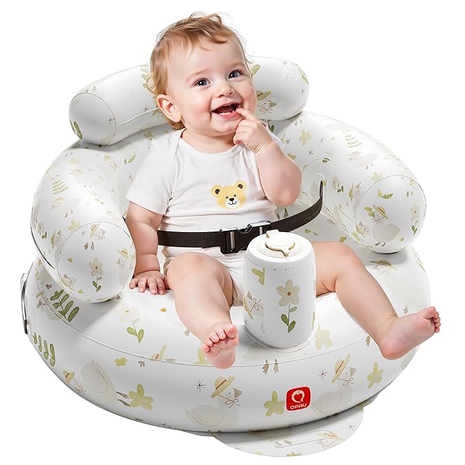 QPAU Inflatable Baby Seat with Safety Harness for Babies 3 Months & Up, Baby Floor Seats for Active Play, Blow Up Baby Chair with Built in Air Pump (Flowers)