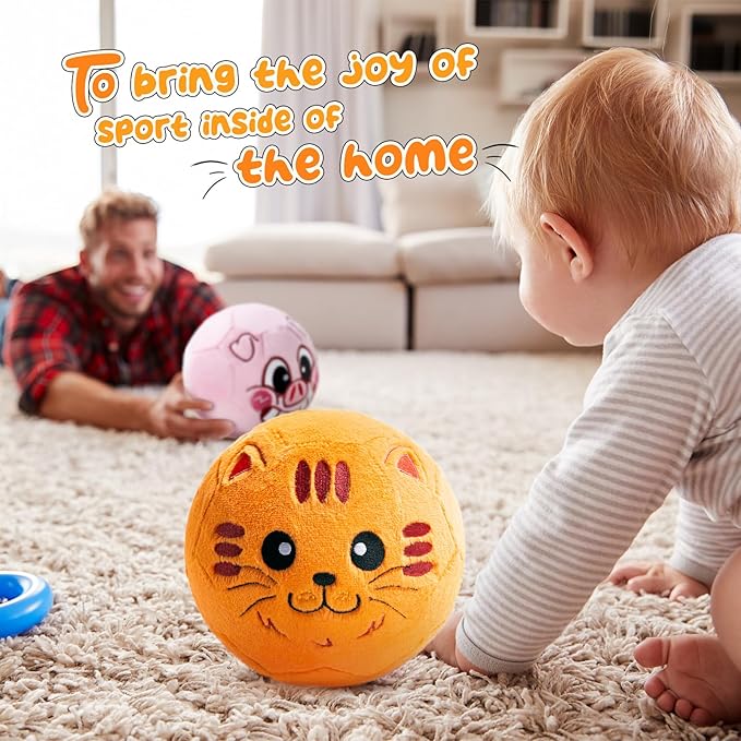 VangeBow Silent Indoor Soccer Balls for Toddlers 1-3, Inflatable Soft Plush Baby Toddler Soccer Ball Toys Gifts for 1 2 3 4 5 Year Old Boy Girl First Birthday Gift (Orange Cat, Pump Include)