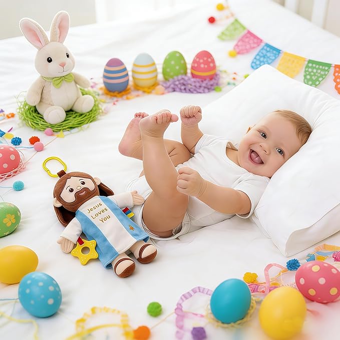 Yelakey 11.8" Baby Jesus Plush Toy with Multi-Sensory Accessories Jesus Plushie Religious Baptism Gift for Baby Shower Easter Decoration