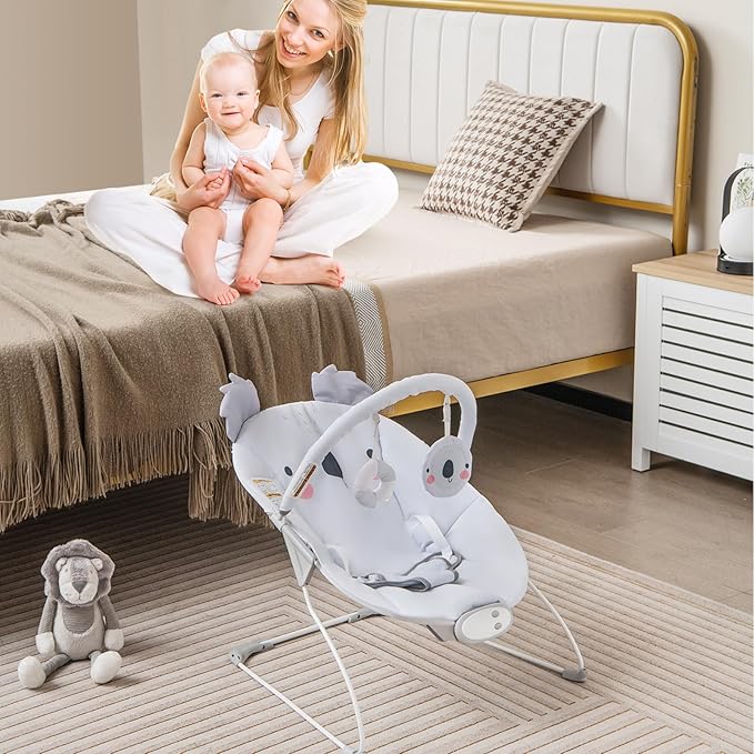 HONEY JOY Baby Bouncer, Portable Infant Newborn Rocker & Stationary Seat w/Soothing Vibrations, Removable Bar, Music, Safety Harness, Bouncer Seat for Babies 0-6 Months up to 20 lbs, Gray Koala