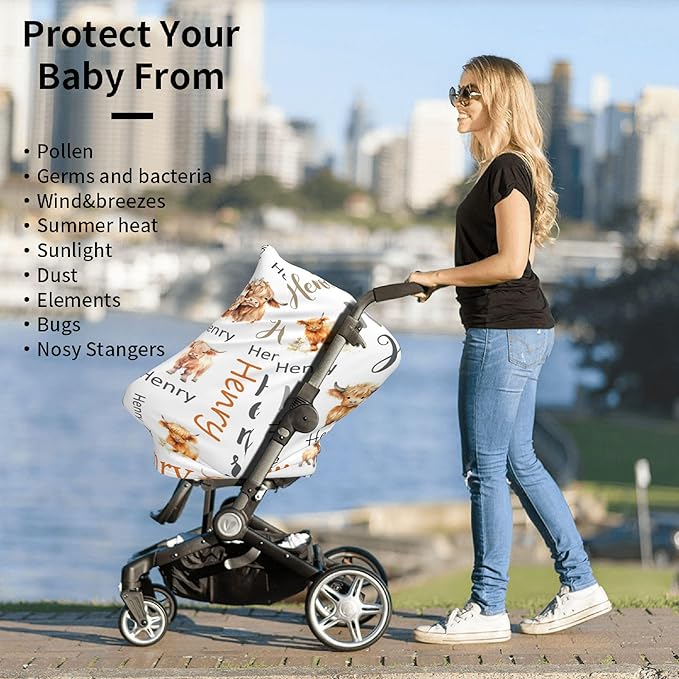 Personalized Car Seat Covers with Name, Highland Cow Baby Canopy Carrier Cover, Breathable Breastfeeding Nursing Cover, Stretchy Multi-Use Infant Carseat Stroller Cover