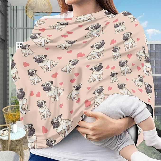 Biyejit Pug Dog Hearts Baby Car Seat Covers Canopy Cover, Stretchy Car Seat Covers for Babies, Soft Jersey Nursing Breastfeeding Cover, Multi-use Cover Infant Carseat Canopy