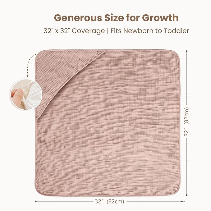 Konssy 2-Pack Muslin Hooded Baby Towels, 100% Cotton, Ultra-Soft & Absorbent Baby Bath Towels with Hood for Newborn & Infant (Taupe,Soft Blooms,32" x 32")