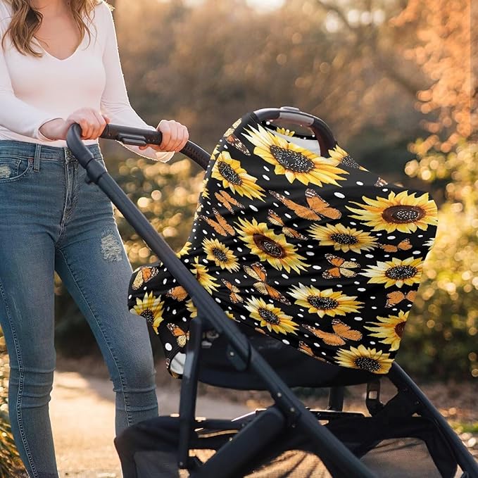 Sunflower Butterfly All-in-1 Baby Car Canopy Cover for Breastfeeding, Universal Fit for Baby Car Seat, Carrier, Stroller, High Chair, Shopping Cart, Lounger Canopy