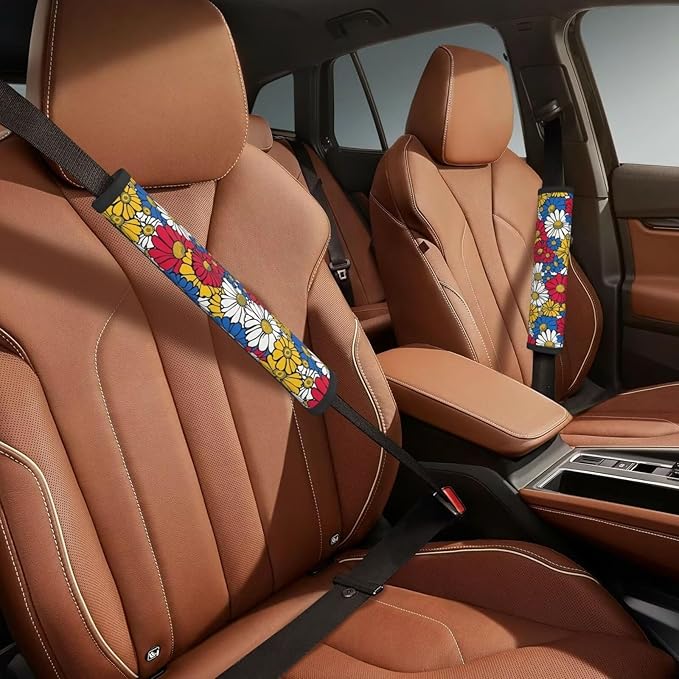 2PCS Car Seat Belt Cover Bohemia Mandala Floral Soft Shoulder Strap Covers Harness Pads Boho Vintage Flowers Safety Seatbelt Hippie Daisy Comfort Driving Cushion for Car, SUV,Truck