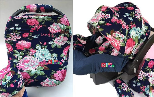 9pc Baby Girl Ultimate Set of Infant Car Seat Cover Canopy Headrest Blanket Hat Nursing Scarf, 06JE02