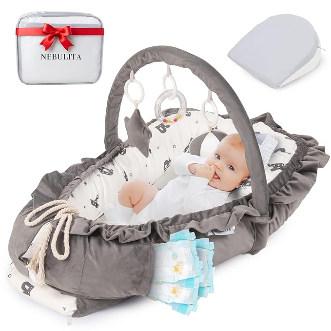 Newborn Lounger ABC - Flexible & Portable w/Infant Support Cushion, Soft & Breathable 100% Cotton - Multi-Use Supervised Baby Lounger for Floor, Travel, Changing Mat Alternative - Premium