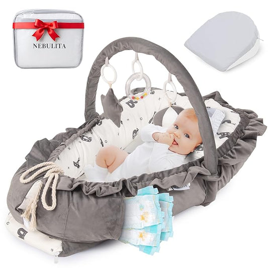 Newborn Lounger ABC - Flexible & Portable w/Infant Support Cushion, Soft & Breathable 100% Cotton - Multi-Use Supervised Baby Lounger for Floor, Travel, Changing Mat Alternative - Premium