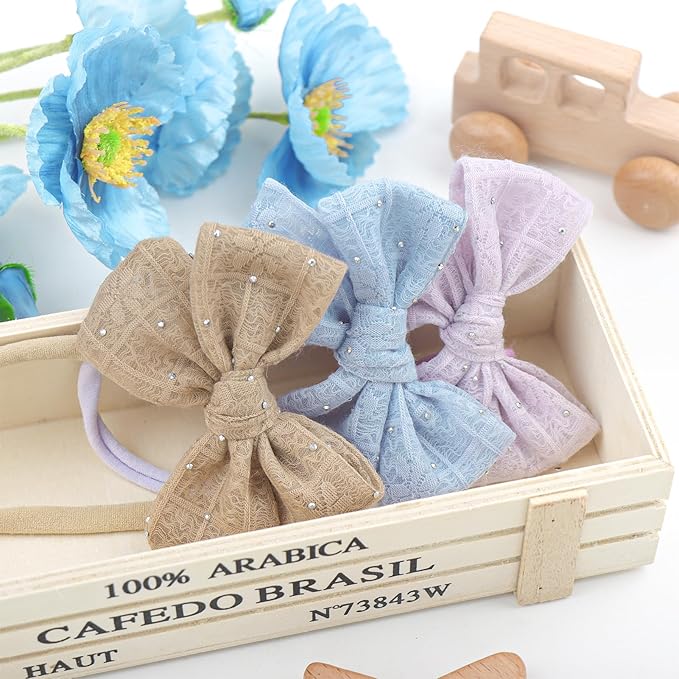 YanJie 3PCS 4’’ Lace Hair Bow for Girls Soft Nylon Baby Headbands Rhinestone Blue Purple Brown Bows Hair Accessories for Newborn Infant Toddler Girl