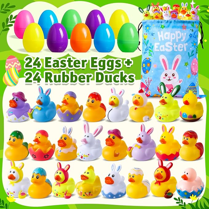 24 Pcs Prefilled Easter Eggs with Easter Rubber Ducks, Easter Basket Stuffers Party Favors, Fun Bath Toys Jeep for Ducks, Easter Egg Hunt, Holiday Classroom Gifts Prizes for Kids Toddler