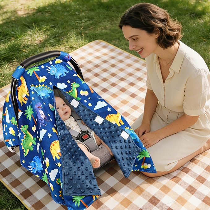 Hooyax Peekaboo Car Seat Cover for Baby Boy - Warm Minky Carseat Canopy with Adjustable Opening, Universal Fit for Infant Car Seats & Strollers, Soft Nursing Cover & Blanket (Dinosaur)