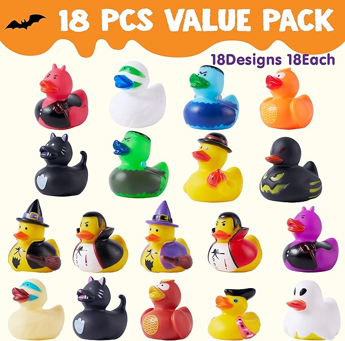 JOYIN 18 PCS Halloween Rubber Ducks, Halloween Ducks Toys for Trick or Treating Goodie Bag Fillers, Bathtub Toys Duckies for Halloween Party Favors Decorations, School Classroom Game Prizes