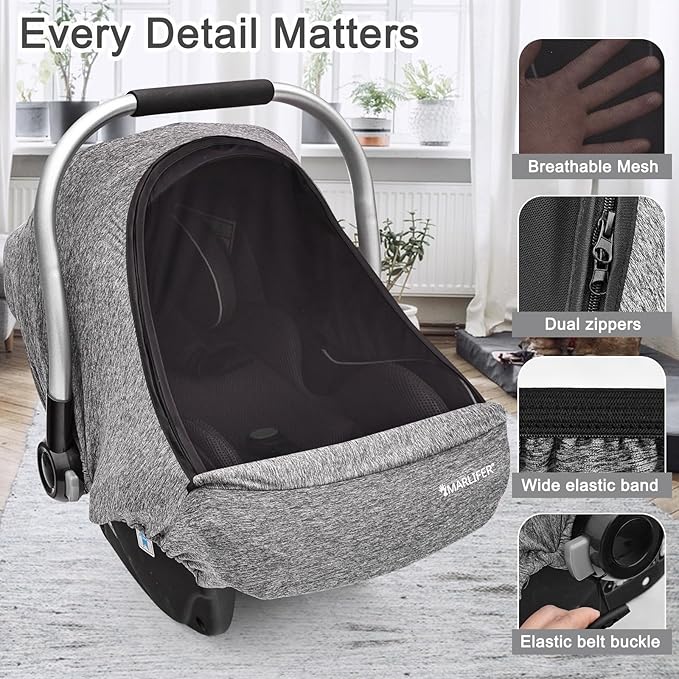 Baby Car Seat Cover, Large Mesh Window, Breathable Fabric, Infant Windproof Canopy, Universal Fit CarSeat Covers for Babies, Machine Washable, Gray