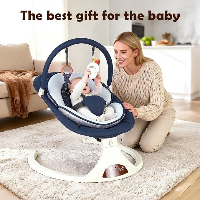 Baby Swings for Infants to Toddler, Electric Baby Swing with Remote, 5 Speeds, Bluetooth & Safety Lock, Portable Baby Swing for Indoor and Outdoor (Dark Blue)