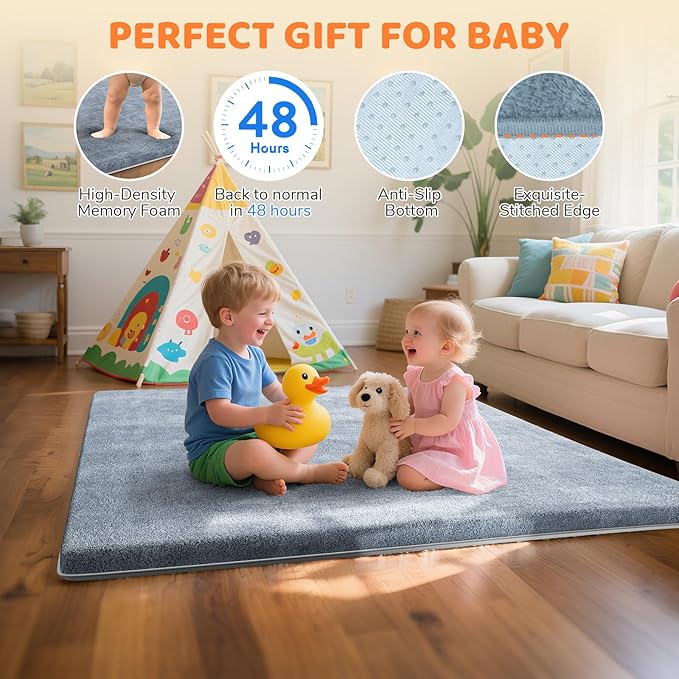Omzer Baby Play Mat for Floor - 1.3" Thick Foam 47x47 Inch Playpen Mats with Removable & Washable Cover for Tummy Time, Soft Coral Velvet & Non-Slip Crawling Pad for Babies, Toddlers, Infants - Grey