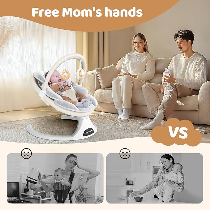 Electric Baby Swing with Remote Control - 5 Natural Motion Speeds, Detachable Seat Pad | Portable Infant Swing for Indoor/Outdoor Use (0-6M, 20lbs) (Beige)