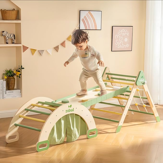 ROBUD 7 in 1 Pikler Triangle Set, Foldable Wooden Climbing Toys for Toddlers, Montessori Foldable Climbing Set with Rope Net, Ramp and Arch Climber for Girls & Boys