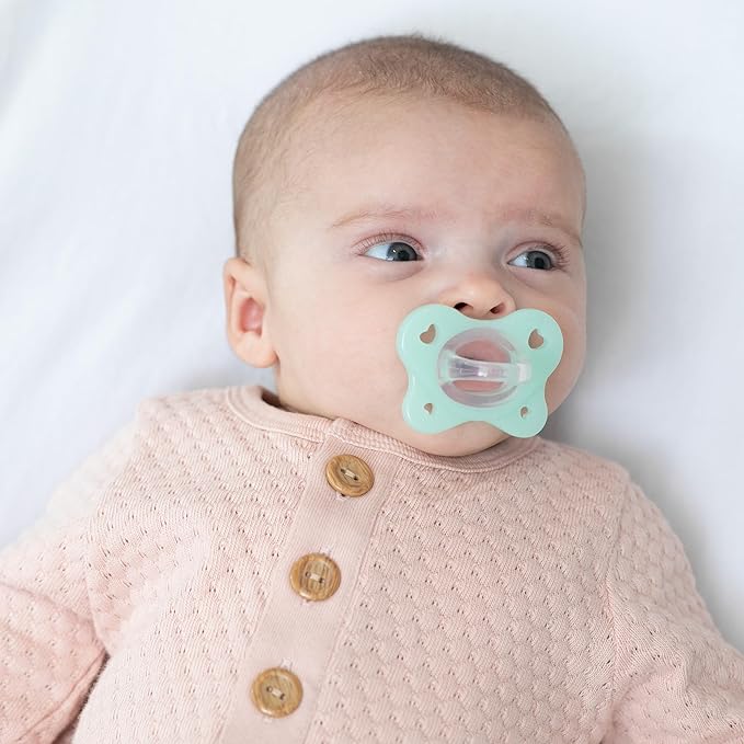 Chicco PhysioForma Dual Soft Orthodontic Pacifier for Babies 0-2 Months, 100% Soft Silicone, Supports Breathing, One-Piece Design, Included Sterilizing Case, BPA Free, 2-Pack, Seafoam