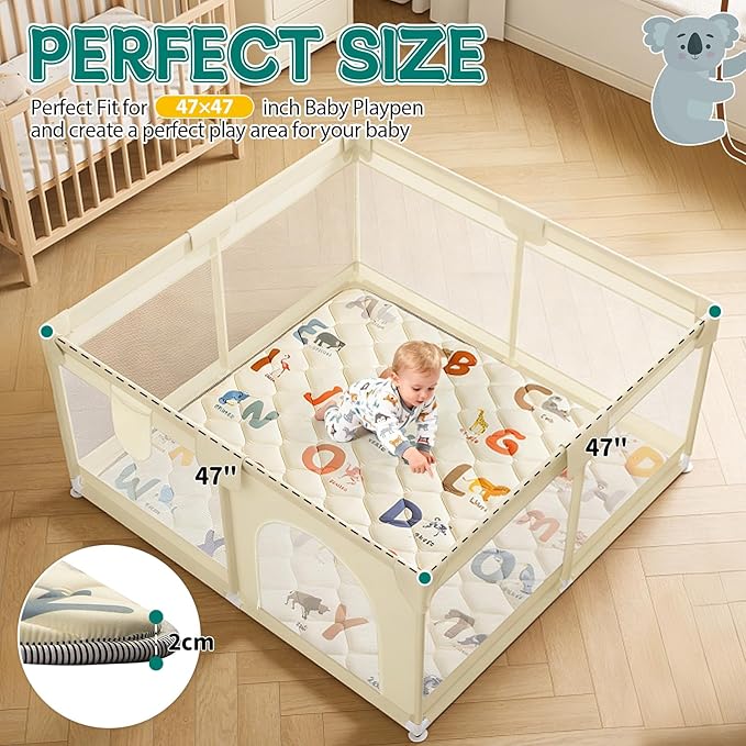 Baby Play Mats for Floor 47"x47" - Foam Mat - Thick Infant Floor Play Mat & Machine Washable - Animals Alphabet