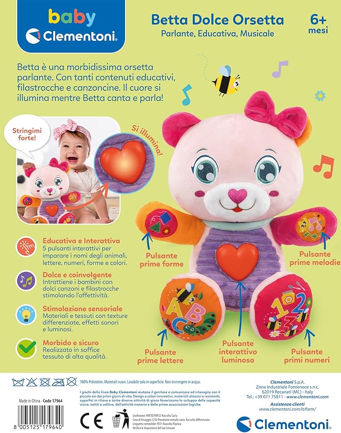 Clementoni - Cute Bear Stuffed Animals Interactive Early Childhood Educational 6 Months Baby Doll Music Lights and Sounds Battery Powered Italian 17964 Multi-Coloured
