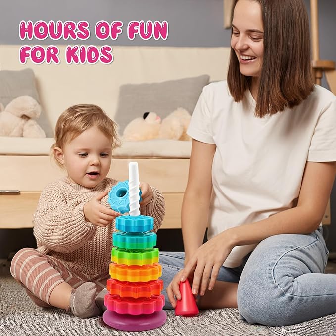 Baby Spinning Stacking Toys Sensory Toys for Toddlers 1-3, Rainbow Ring Spin Montessori Toys for Babies 12 Months, Autism Learning Toy for 1 2 3 One Year Old Girl Boy Christmas Birthday Gifts