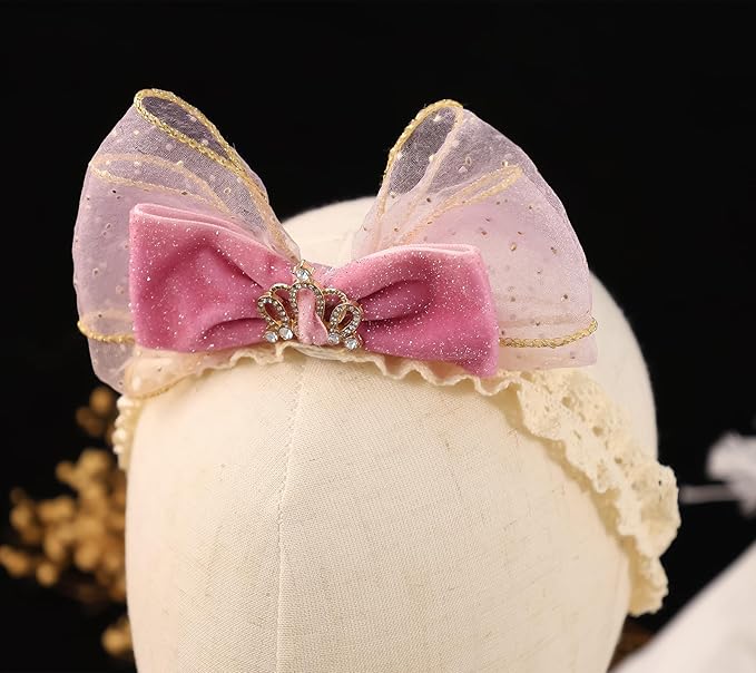 Cute Lace Bow Baby Girls Headbands Large Knot Hair Band Soft Chiffon Hairband Elastic Shower Hair Accessories for Newborn Infant Toddler Kids (Crown, Elastic)
