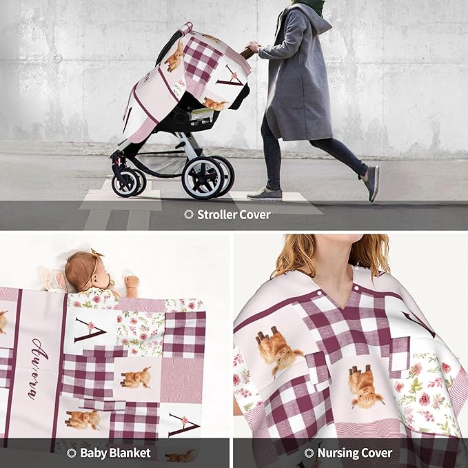 Personalized Highland Cow Carseat Cover for Baby Custom Name Car Seat Canopy for Newborn Baby Boys Girls 2 in 1 Mom Nursing Breastfeeding Covers Minky Baby Carrier Stroller Covers