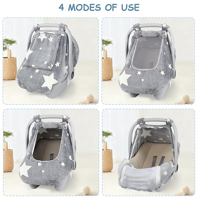 Car Seat Cover Baby Boys Girls, Soft Flannel Infant Carseat Cover with 2 Zipper Windows, Star Carrier Cover Canopy Glow in The Dark, Comfortable & Machine Washable, Gray