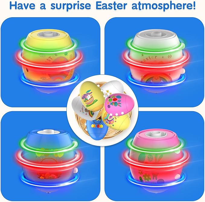 6 Pack Spinning Tops Toys, Lighting & Singing Colorful Eggs, Party Favor Easter Basket Stuffers for Boys & Girls Ages 3-6