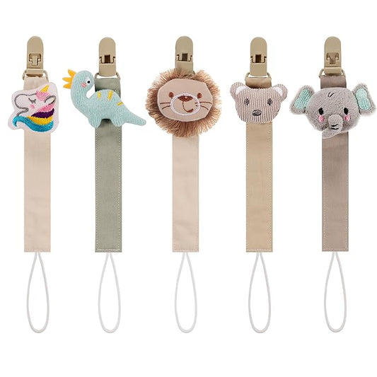 Baby's Breath 5 Pack Animal Pacifier Clips with Adjustable Strap (14.5-18.3 in) – Cute Unicorn Lion Elephant Dinosaur Koala Design, Soft Textile Baby Holder Set for Boys Girls, Neutral Colors