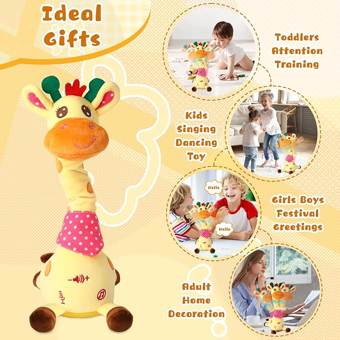 JISONCASE Talking Dancing Giraffe Baby Toy, Adjustable Volume Tummy Time Toy Repeating What You Say, Singing Mimicking Recording Sensory Education Gifts for Toddlers Boy Girls