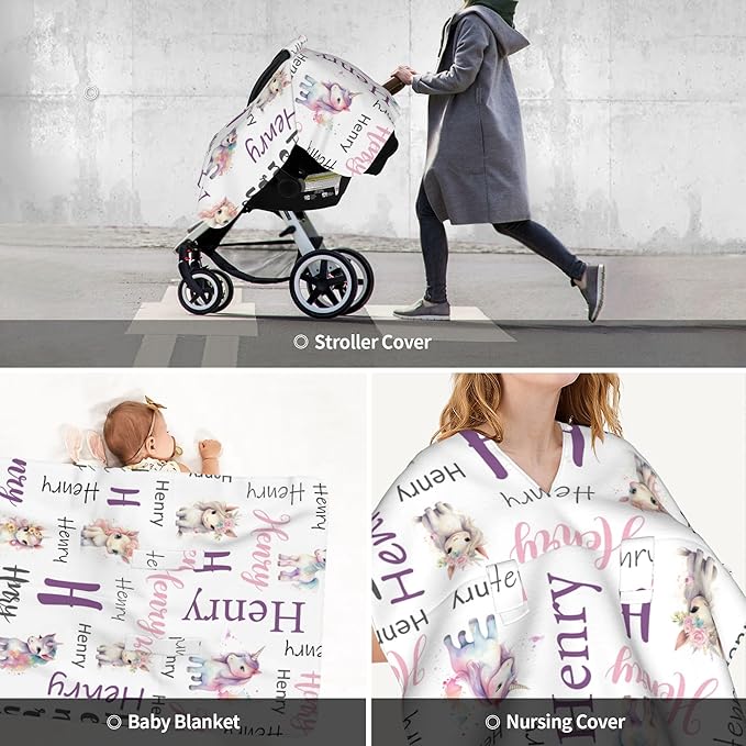 Personalized Baby Car Seat Cover Custom Name CarSeat Canopy Customized Horse Newborn Nursing Breastfeeding Cover Minky Baby Blanket Infant Car Seat Canopies for Baby Girls Boys