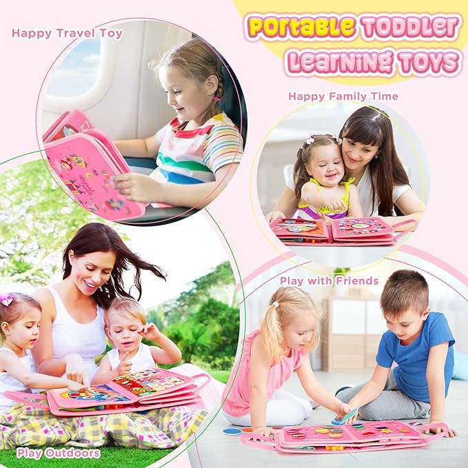 URMYWO Busy Board - Montessori Toys for 1 2 3 4 Year Old, Busy Book Toddler Activities with Fine Motor Skills, Autism Sensory Toys Gifts for Boys Girls, Travel Toys for Road Trip Plane Car (Pink
