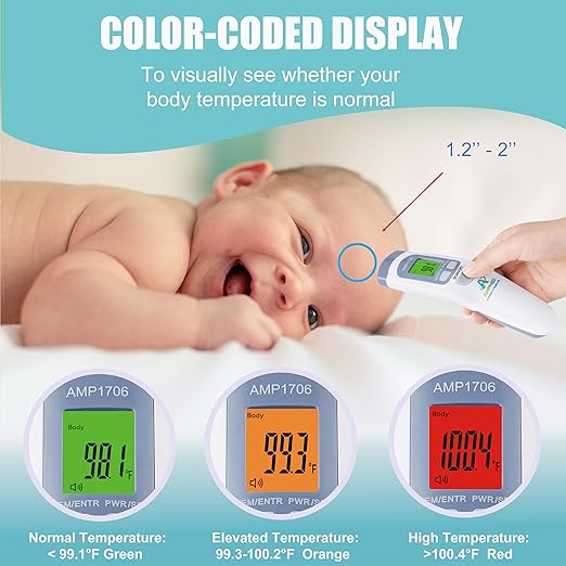 Amplim Non-Contact Forehead Thermometer for Kids and Adults, AmpMed No-Touch Baby Head Temporal Digital Fever Thermometer for Accurate Temperature Reading (White Blue)