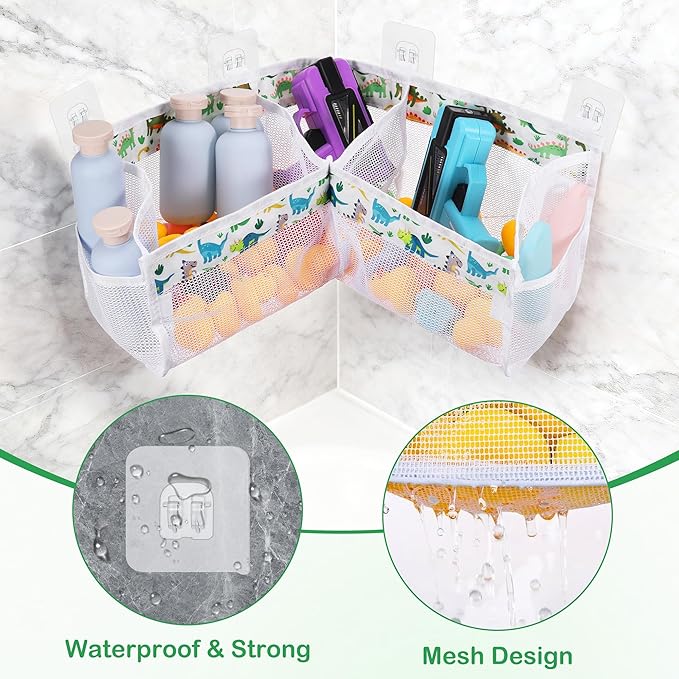 Bath Toy Storage Organizer, 3 Compartment Corner Bath Toy Holder for Tubs, Large Capacity & Quick-Drying Mesh - 4 Strong Adhesive Hooks for Easy Access