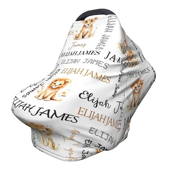 Personalized Baby Car Seat Covers for Babies, Custom Lion Nursing Breastfeeding Carseat Canopy with Name, Infant Stroller Covers for Newborn Girls Boys, Breathable Carseat Cover