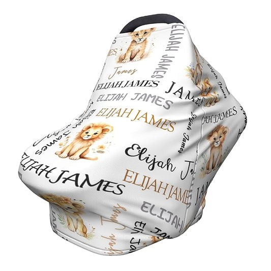 Personalized Baby Car Seat Covers for Babies, Custom Lion Nursing Breastfeeding Carseat Canopy with Name, Infant Stroller Covers for Newborn Girls Boys, Breathable Carseat Cover