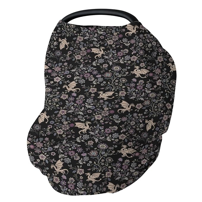 Fantasy Floral Dragons Car Seat Cover for Baby Fairytale Dragon Gothic Black Purple Flowers Stretchy 5-in-1 Cover Adjustable Car Canopy Breastfeeding Cover Fantasy Animal Breathable Nursing Cover-Up