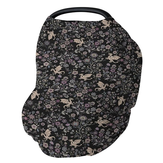 Fantasy Floral Dragons Car Seat Cover for Baby Fairytale Dragon Gothic Black Purple Flowers Stretchy 5-in-1 Cover Adjustable Car Canopy Breastfeeding Cover Fantasy Animal Breathable Nursing Cover-Up