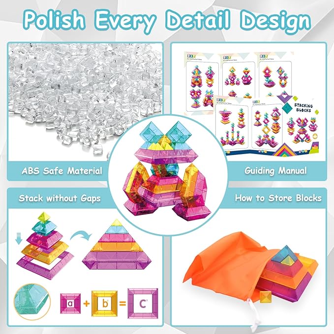 48 PCS Building Blocks Set for Kids, Pyramid Stacking Blocks with Storage Bag - STEM Preschool Learning Stacking Toys, Light Table Compatible Translucent Sensory Blocks for Toddlers Ages 3 4 5 6