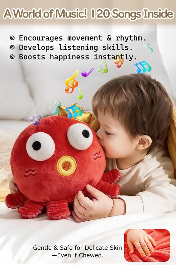 Bouncing Octopus Baby Toy, Musical Crawling Toy for 6-12 Months, Talking Recording Repeat Plush Toy with 120 Songs, Sensory Tummy Time Toy for Toddlers 1-3, Infant Birthday Gift (Red Octopus)