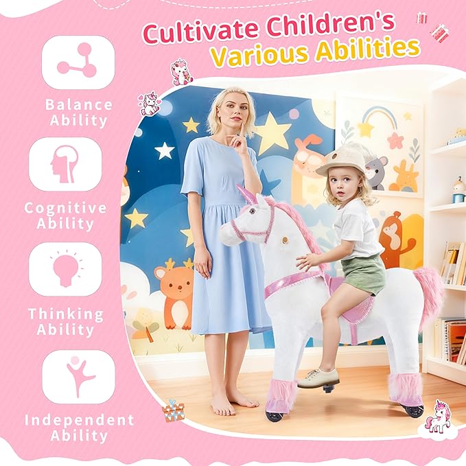 Pipleo Ride on Unicorn Toy for Kids 4 to 9 Years, Unicorn Ride on Toy, Ride on Unicorn Mechanical Plush Animal, No Battery or Electricity, Max Load 165 LBS - Pink