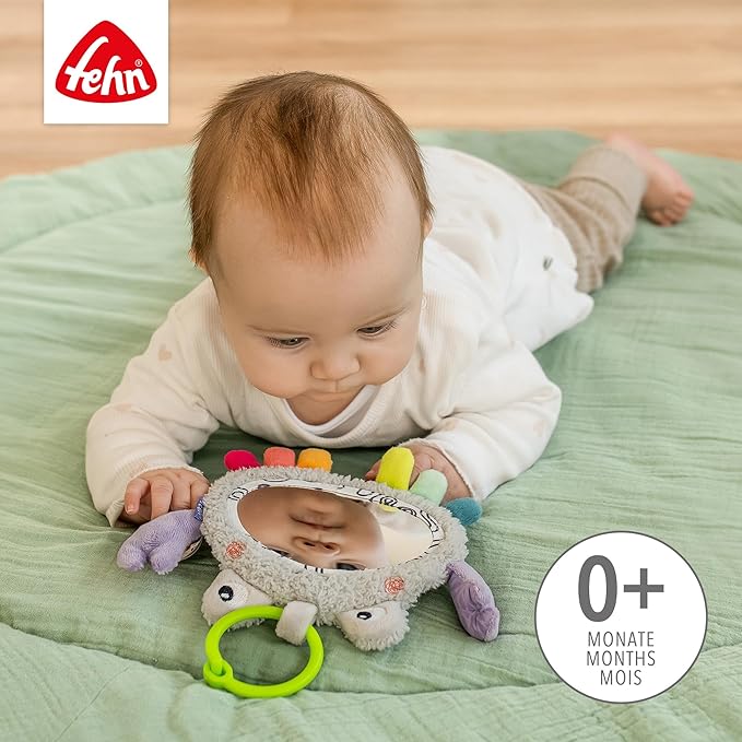 Fehn Activity Mirror Crab – Motor Skill Toy for Hanging for Pram, Cot and Baby Seat – to Produce Bite, Grab and Sound, Toy for Babies and Children from 0+