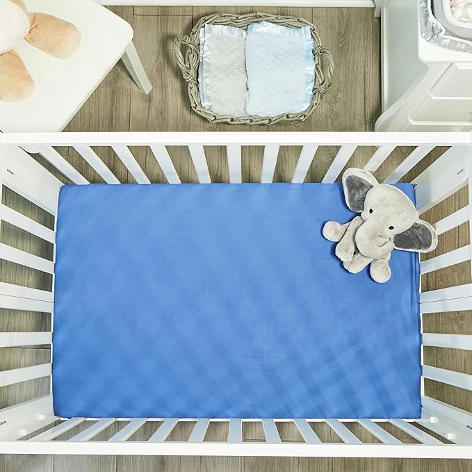 2 Pack n Play Mattress Sheets – 100% Percale Weave Cotton Soft Portable Crib Mattress Sheets for Boys with Jungle Sports and Solid Blue Design; 2 Pc Playpen Mattress or Mini Crib Sheet Fitted Set