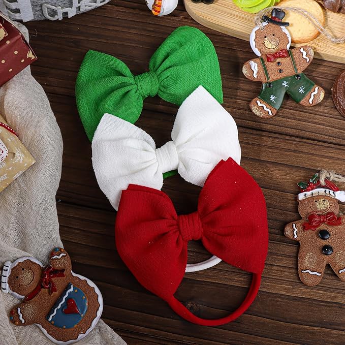 3PCS 4.5'' Christmas Baby Girl Bows for Newborn Green Headband Red Hair Bow Christmas Nylon Hairband Hair Accessories for Infants Toddler Headbands