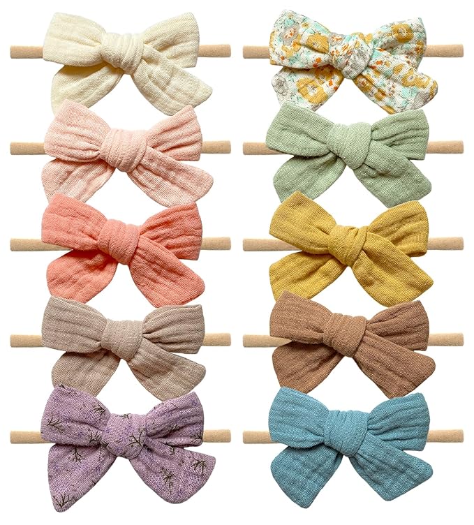 Cherssy Baby Muslin Hair Bows and Headbands, 10pcs Soft Nylon Hairbands for Newborn, Infants, Toddlers