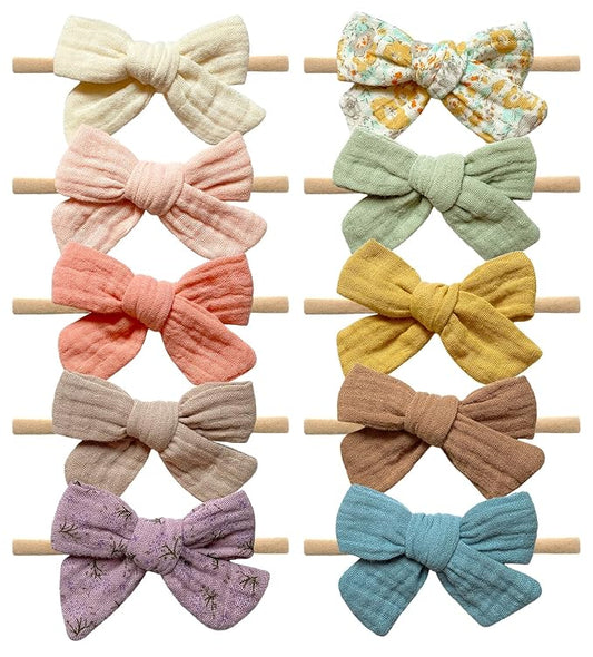 Cherssy Baby Muslin Hair Bows and Headbands, 10pcs Soft Nylon Hairbands for Newborn, Infants, Toddlers