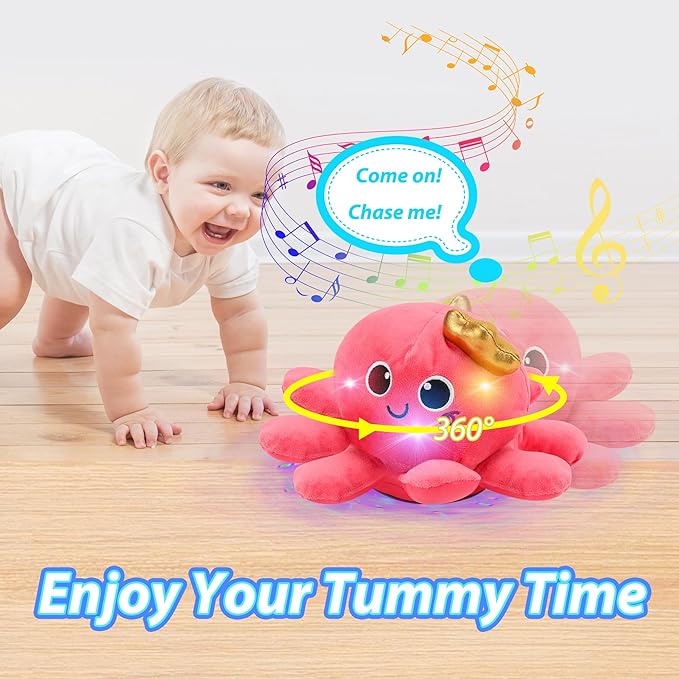 Musical Octopus Baby Toy - Crawling & Rotating Octopus Toy with Recording, Light-Up Voice Control, Clap Hands Awake for 2-6 Year Old Boys and Girls, Tummy Time Sensory Toy