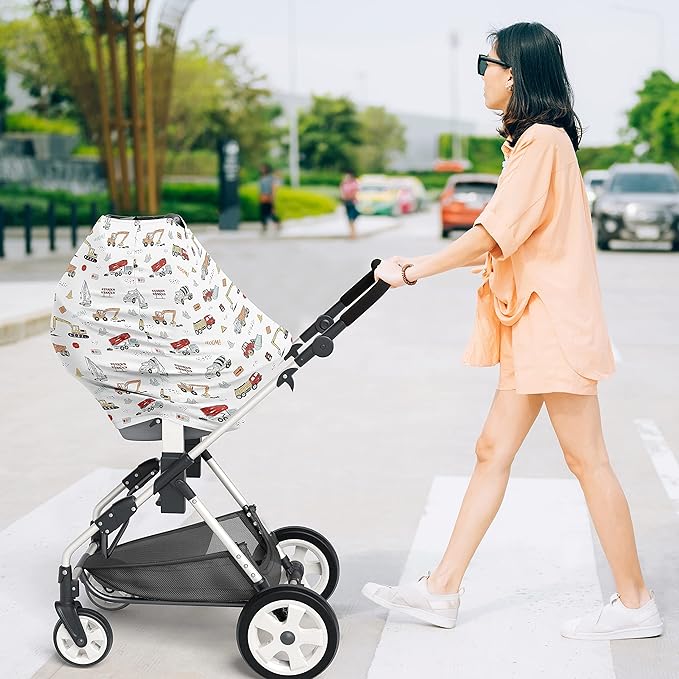 Sweet Jojo Designs Red and Blue Construction Truck Boy Infant Baby Car Seat Cover Nursing Breastfeeding Shopping Cart Stroller Canopy - Grey Yellow Orange Brown Black and White Transportation